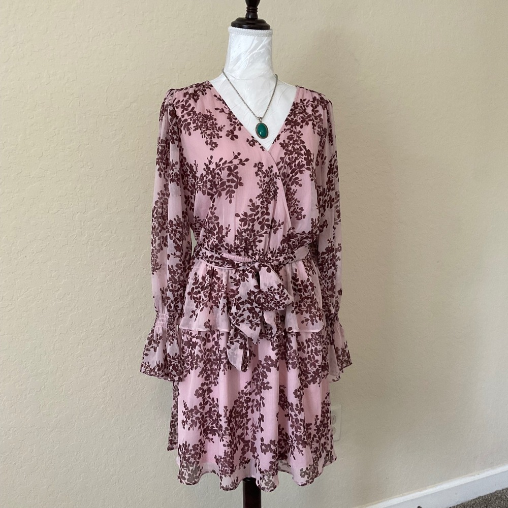 LC Lauren Conrad Wrap Dress Womens L Pink Floral Tiered Ruffle Midi Dress